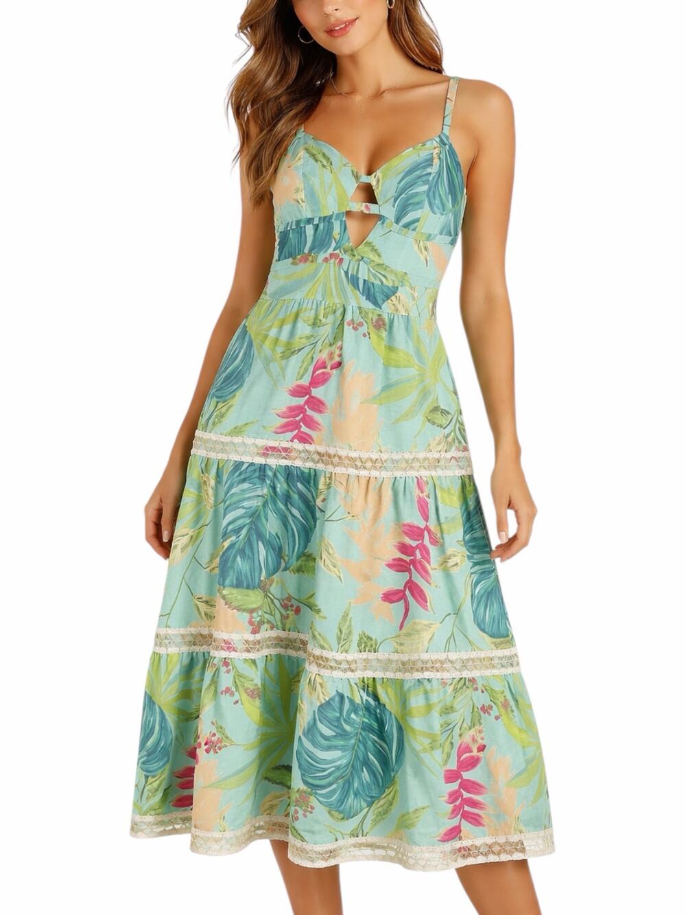 PatBO Tropicalia Leaf Print Jute Trim Midi Dress Islablue Green Size 4